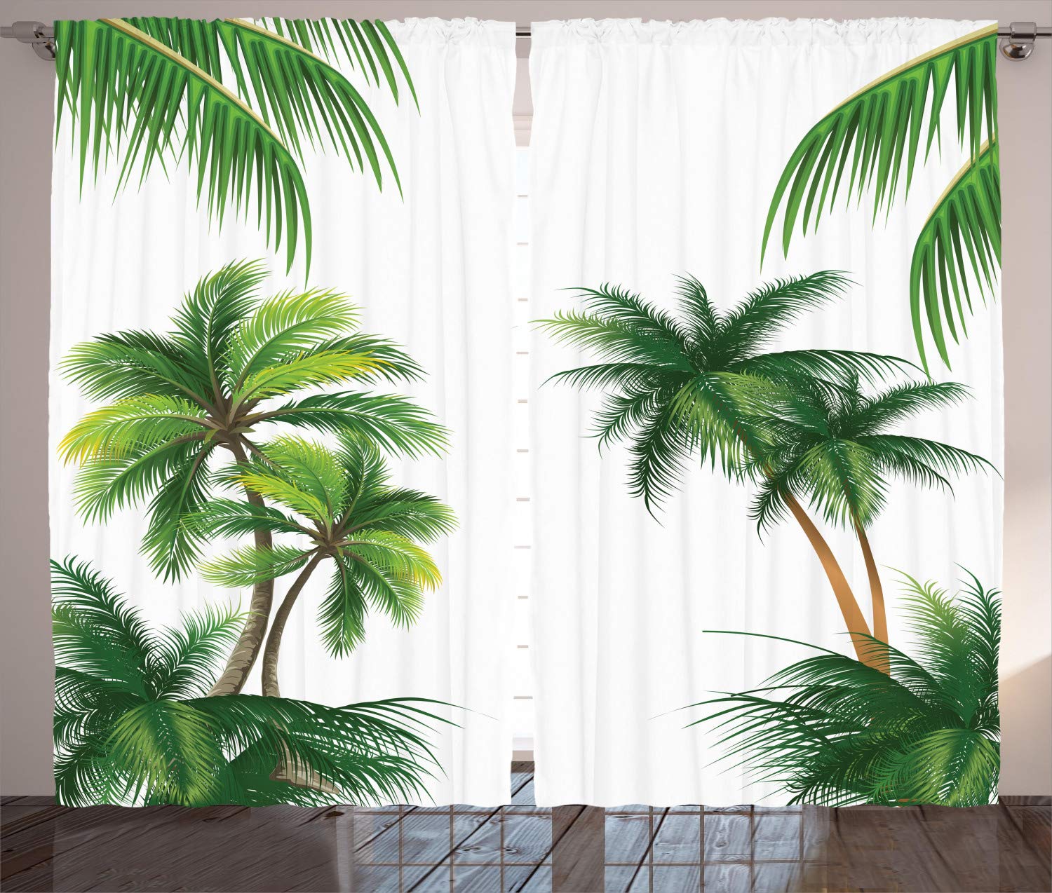 ABAKUHAUS Tropical Curtains, Coconut Palm Tree Nature Paradise Plants Foliage Leaves Digital Illustration, Living Room Bedroom Window Drapes 2 Panel Set, 280 x 225 cm, hunter green