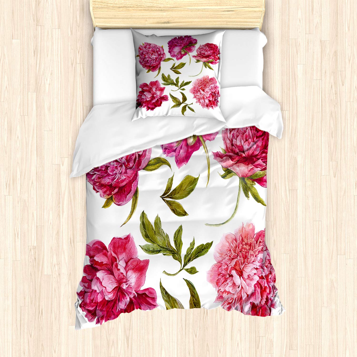 ABAKUHAUS Floral Duvet Cover Set, Spring Buds in Vivid Tones Watercolor Peony Bouquet Artwork, Bedding Set 2 Pieces with 1 Pillow Shams, 135 cm x 200 cm, Olive Green Magenta — image 1