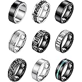 Masedy 9Pcs Rings for Men Stainless Steel Band Rings for Men Women Wedding Promise Rings Anxiety Spinner Rings Set 8MM