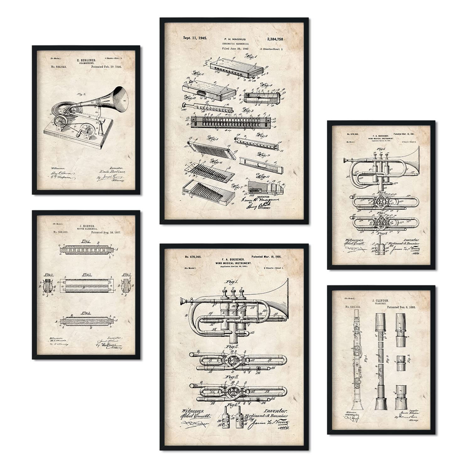 Nacnic Set of 6 Wind Instruments patent prints. Posters with retro patent illustrations for your home, shop, office... Vintage style interior decoration. A4 and A3 sizes. No frame.