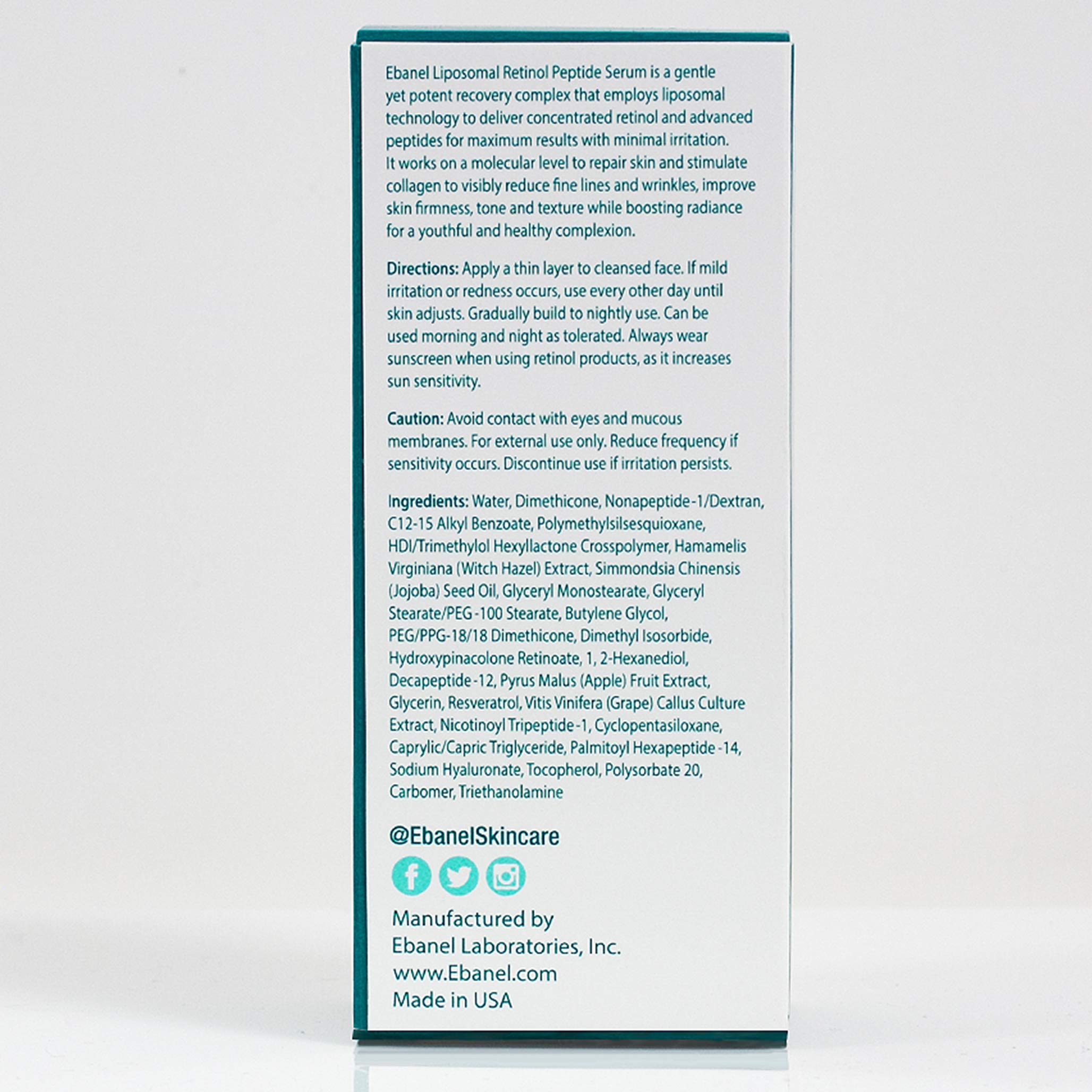 Ebanel Liposomal Retinol Peptide Serum (1.08 Oz / 32ml) - Stem Cell Extracts, Hyaluronic Aid, Peptide Complex, Resveratrol