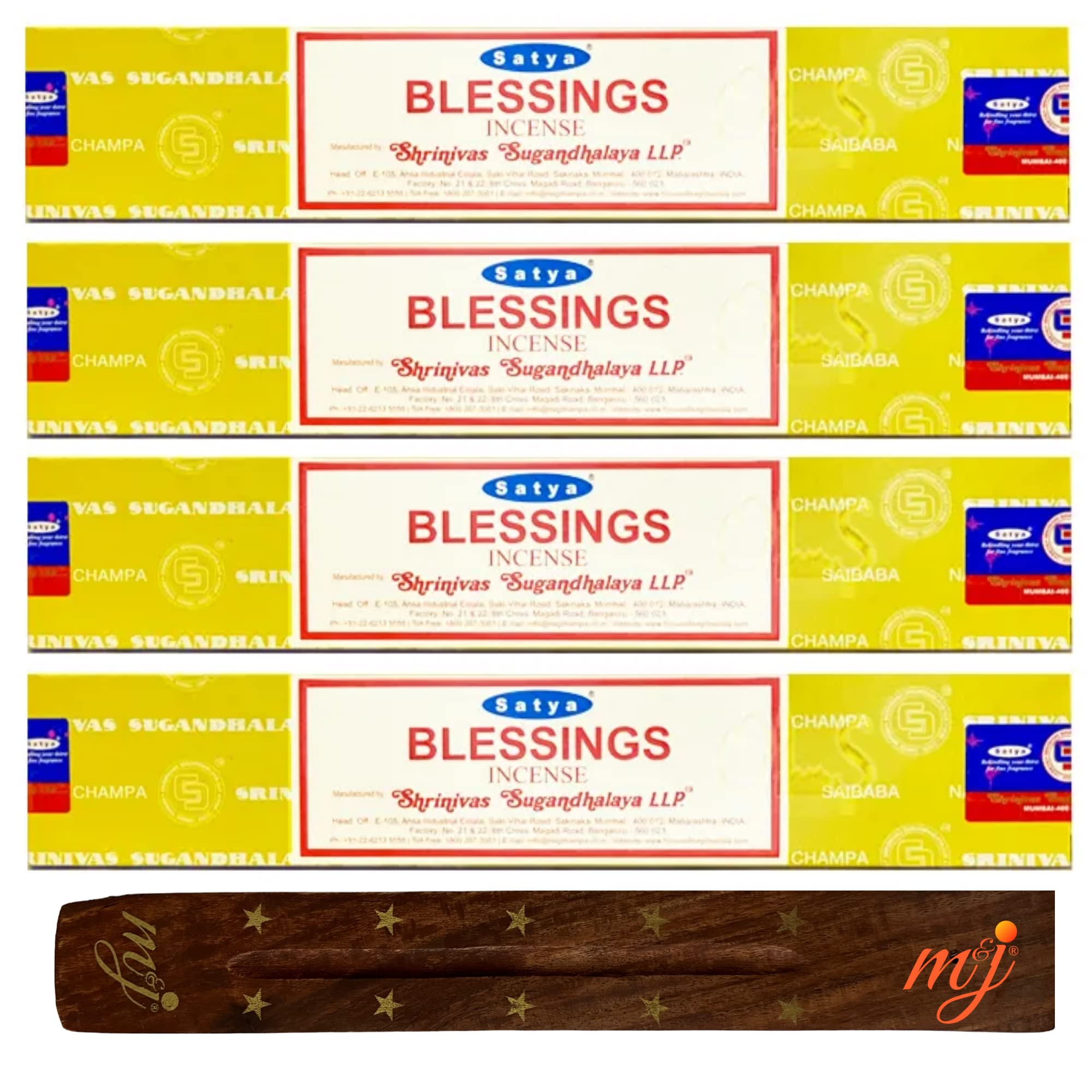 Original Satya Nag Champa Blessings Incense Sticks | with M&J incense sticks holder | x4 pack | for Aromatherapy, Spa, Yoga, Weddings, Meditation, Healing, Positivity and Relaxation — image 1