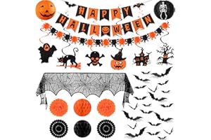 Ouddy Life Halloween Decorations Party Indoor Set, Happy Halloween Banner, Hanging Swirls, Honeycomb Balls, Paper Fans Lanterns Pompoms, Fireplace Mantel Scarf, Bat Stickers for Home Decor