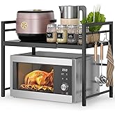 DOLALIKE Microwave Oven Rack, Expandable Microwave Stand Countertop Kitchen Utensils Tableware Storage, Carbon Steel Over Microwave Shelf Countertop with 3 Hooks
