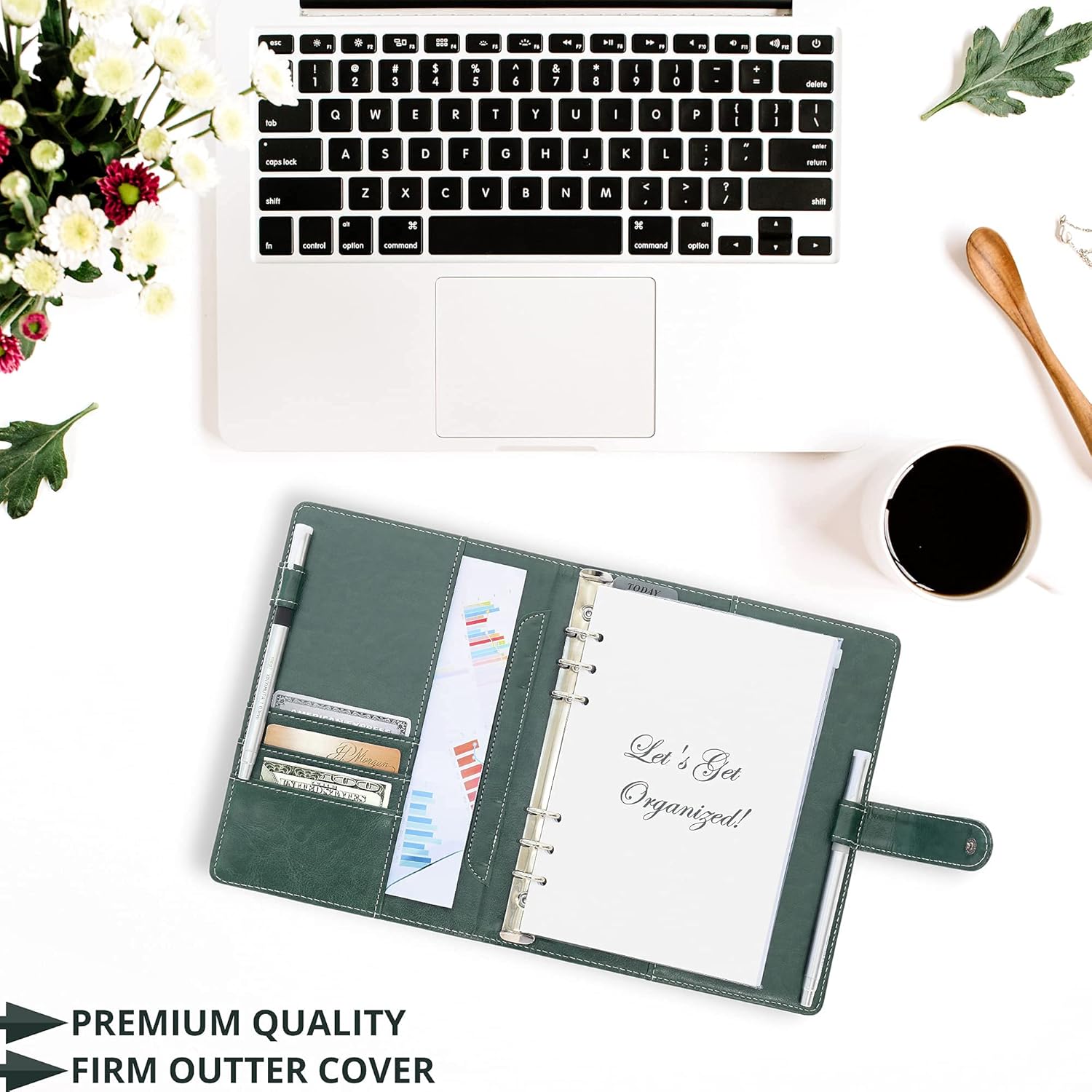 QualityOrganizers A5 Portfolio & Refillable 6 Ring Binder Notebook, with PU Leather Cover for Men and Women (Green) : Office Products