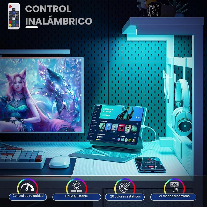 Escritorio Gaming 120x50 cm con Enchufe LED RGB Estantes Abatibles Cajón Organizador para PC Portátil Hogar/Oficina Incluye Bolso Fibra Carbono Negro