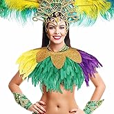 Maiteenly 1 Pcs Mardi Gras Shawl Poncho Costume Accessory Carnival Real Feather Shawl Wrap Cape Mardi Gras Purple, Green, Yellow and Shimmering Gold Outfit for Women Masquerade Cosplay Party Favor