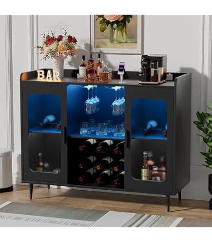 Shahoo Wine Bar Cabinet With LED Lights & Outlets – Stylish Storage For Your Kitchen Or Bar