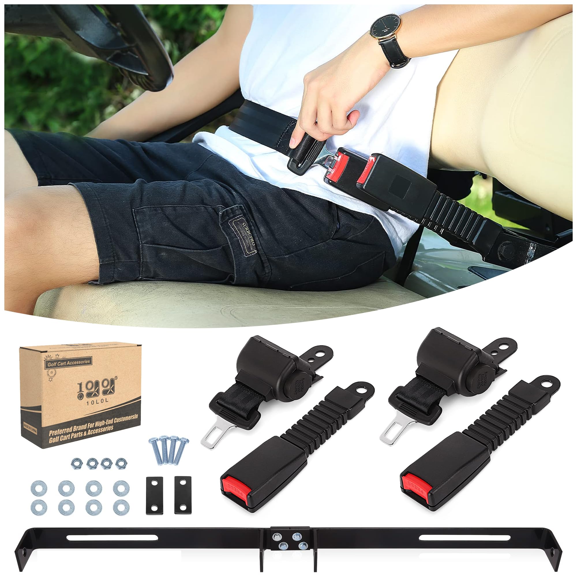 Photo 1 of 10L0L Golf Cart Seat Belt Seatbelts Bracket Kit Universal Fit 2 Passenger EZGO TXT RXV for Yamaha & Club Car Front Back Rear Seat Kit 42" Retractable
