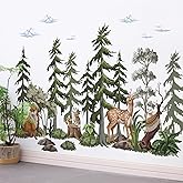DTLIFEK 37x58.3 Inch Large Mountain Forest Tree Wall Decals Removable Woodland Animals Fox Deer Peel and Stick Wall Stickers Watercolor Jungle Animals Pine Tree Wall Decor for Kids Bedroom Decoration