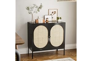 IKIFLY Accent Storage Cabinet with Handmade Natural Rattan Doors, Rattan Sideboard Buffet Cabinet, Kitchen Cupboard Server Console Table for Dining Room, Living Room, Hallway - Black