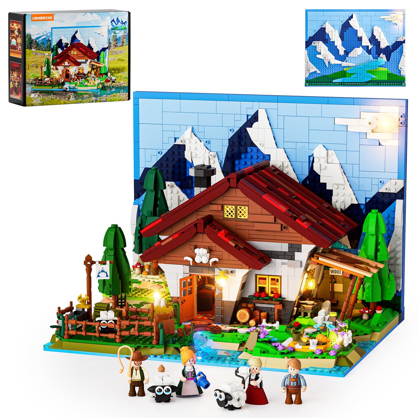 Lumibricks Schäferhütte Alpenhof Klemmbausteine Set, 2265 Teile Bergmodell mit LED Beleuchtung & 3D Hintergrund, Interaktive Schaffarm mit 4 Minifiguren für Erwachsene & Kinder