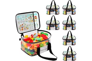 SIYNPAV 6 Pack Clear Toy Storage Bags for Lego with Tag Slot& Manual Pocket, Waterproof Transparent PVC Toy Organizer Case for Lego Bricks, Board Games, Building Blocks, Puzzles (Double Handle, Black)