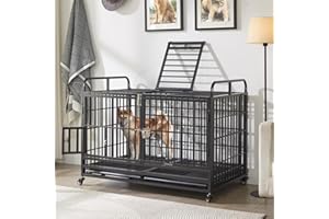 LAUREN HAROLD Lauren&Harold 48 Inch Heavy Duty Dog Crate Furniture for Medium/Large Dogs, Metal Dog Kennel Indoor with Top Door&Feed Door, XL Dog Cage with Removable Tray&Wheels, Large Dog crates Pet House