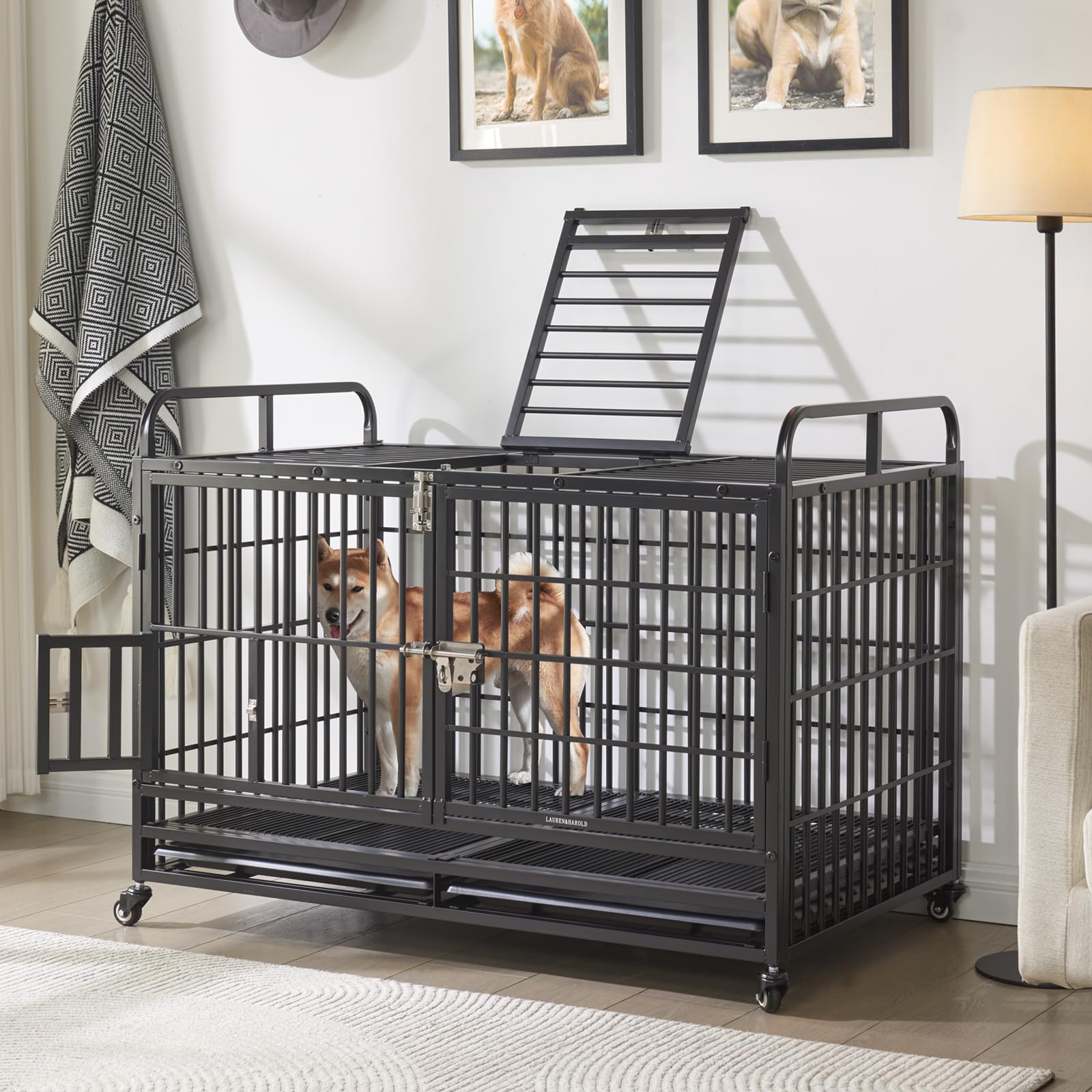 View of Lauren&Harold 48 Inch Heavy Duty Dog Crate for Medium/Large Dogs, Metal ...