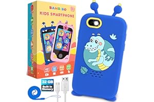 Bambibo Boys Smart Phone for Kids - 32GB Built-in for Faster Speed | Long Lasting 850mAh Battery | 1080p Dual Camera HD Play Phone | Blue Kids Phone Real | Dinosaur Kids Phone Toys for Boys 3-5