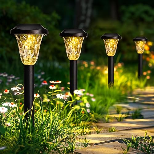 GIGALUMI 8 Pack Solar Lights Outdoor Garden, Waterproof, Solar Powered Garden Lights for Pathway Patio Lawn Walkway and Landscape, Warm White