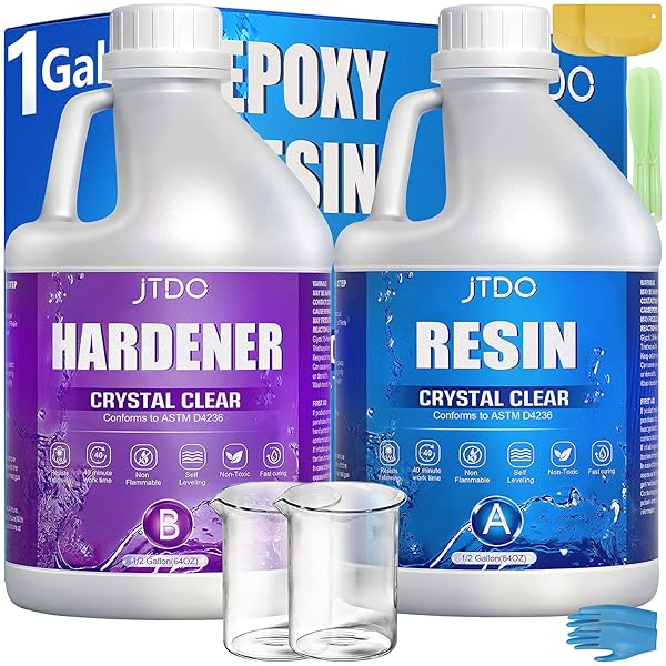 JTDO EPOXY RESIN – 128OZ CRYSTAL CLEAR, SELF-LEVELING, BUBBLES FREE, UV RESISTANT, EPOXY RESIN KIT FOR DIY ART, JEWELRY, TABLE, COUNTERTOP, 1:1 MIX (1 GALLON)