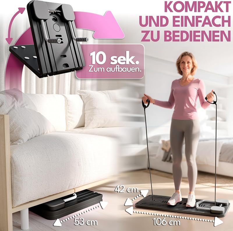Klappbarer Pilates Reformer für Zuhause mit Zubehör & 10 Übungen – Pilates Board / Pilates Brett, Mini Pilates Reformer Gerät, Home Gym Pilates Reformer Maschine (SCHWARZ)