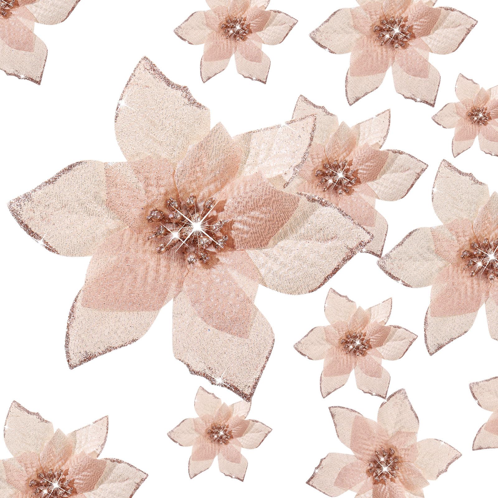 WILLBOND 24 Pieces 3 Size Christmas Glitter Poinsettia Flowers Wedding Faux Flowers Ornaments For Christmas Tree, New Year, Home & Outdoor Decoration (Rose Gold,4/6/8.7 Inches) — image 1