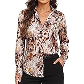 HOTEVE Wrinkle-Resistant Button Down Shirts for Women Silky Dressy Floral Printed Long Sleeve Blouse Business Casual Work Top
