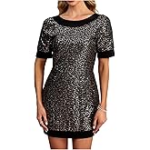 winkbay Women's Sequin Bow Tie Backless Dress Crew Neck Short Sleeve Sparkly Party Mini Dresses