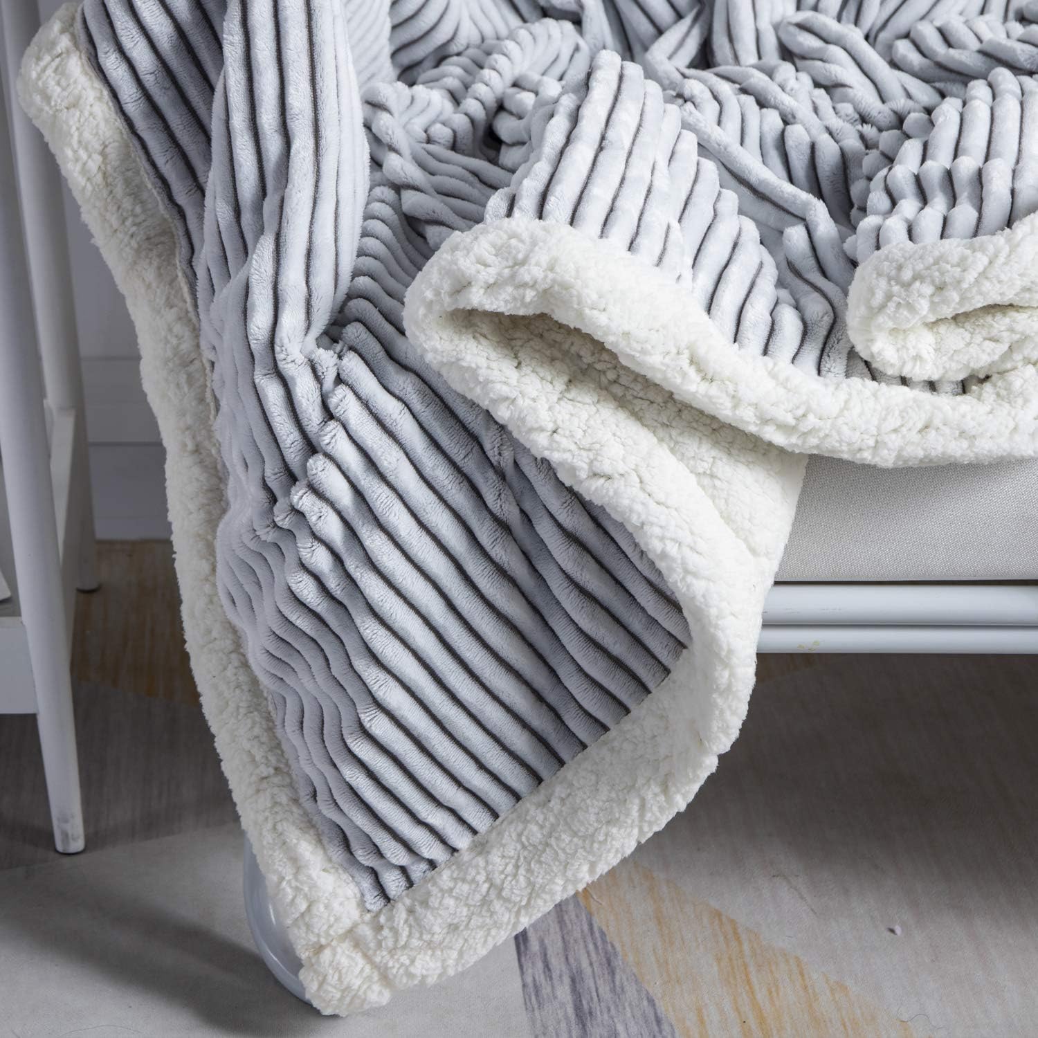 DISSA Sherpa Fleece Blanket Throw Blanket Soft Blanket Plush Fluffy Blanket Warm Cozy with Grey and White Strip Perfect Throw for All Seasons for Couch Bed Sofa (Grey, 51" x63''): Home & Kitchen