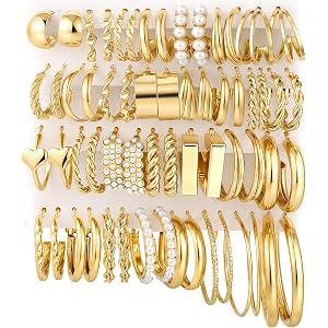 30 Pairs Gold Hoop Earrings Set for Women, Hypoallergenic Pearl Twisted Statement Hoops Multipack, Small to Chunky Hoop Earri
