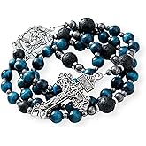 Nazareth Store Blue Tigers Eye Catholic Rosary Necklace for Men with Saint Medal & Our Father Cross Strong Men Catholic Gifts