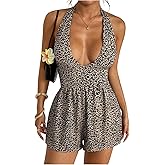 Milumia Women's Sexy Leopard Deep V Neck Halter Romper Sleeveless Backless Wide Leg Shorts Jumpsuit
