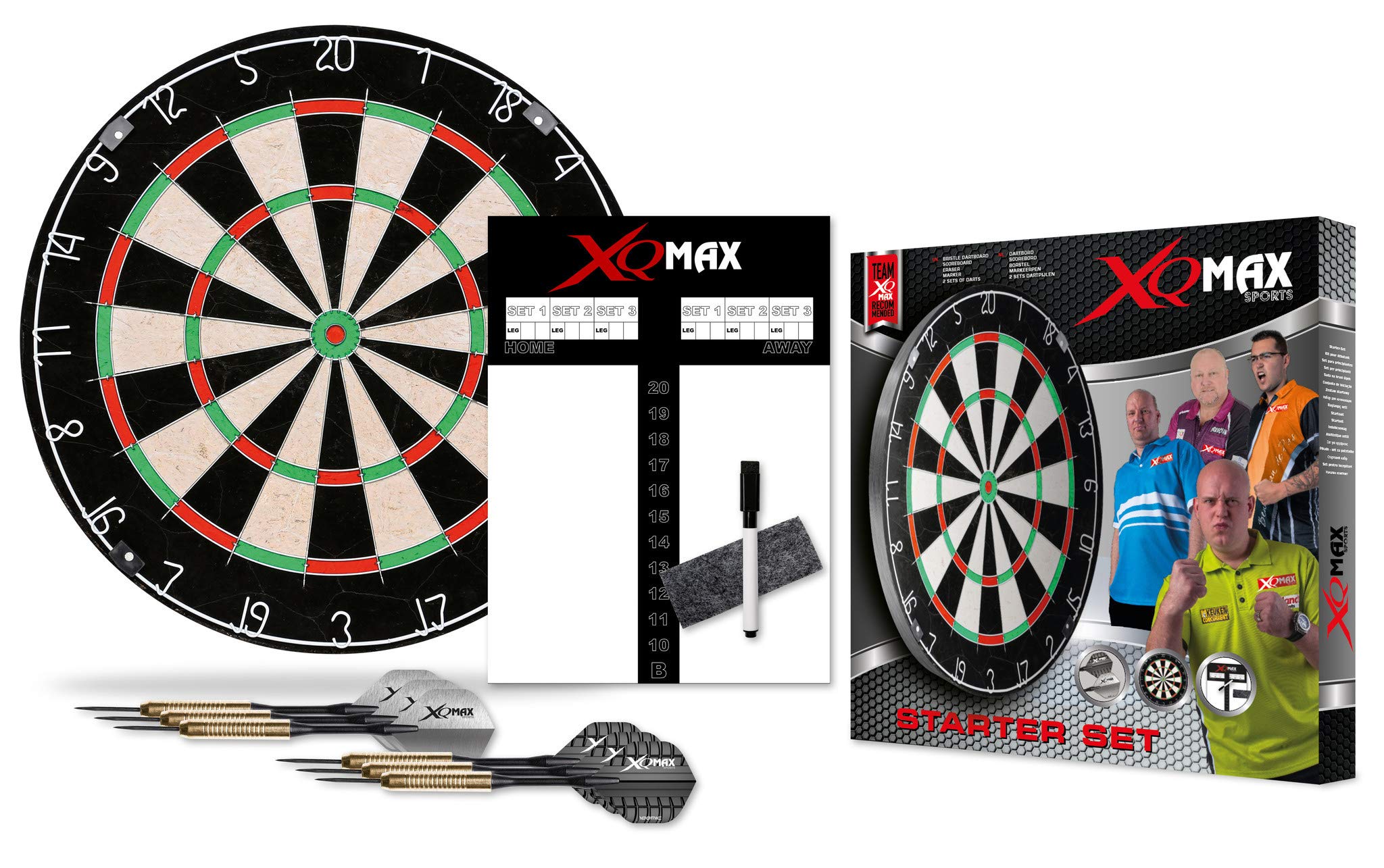 XQ Max - Dartboard Starter Set - Includes Scoreboard, Marker Pen, Eraser, Two Sets of Steel Darts Complete Set Red/White