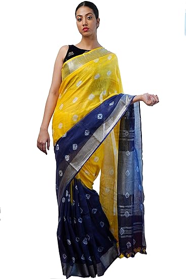 Womens 100 Count Linen Pure and Soft Shibori Print Yellow and Blue Silver Zari Saree with Blouse Piece