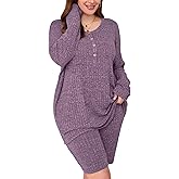 AusLook Women's Plus Size Lounge Pajamas Sets 2 Piece Ribbed Knit Long Sleeve Top and Shorts Outfits Loungewear Sweatsuit