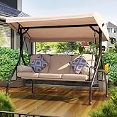 NOBLEMOOD Patio Porch Swing, 3-Seat Outdoor Swing with Adjustable Canopy | Porch Swing Bed with Foldable Side Tray, Removable Fabric Cushions, Pillow for Patio, Backyard