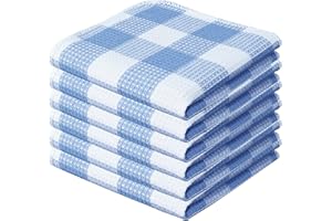 PurpleEssences 100% Cotton Waffle Weave Check Plaid Kitchen Towels, Super Soft and Absorbent Dish Towels for Drying Dishes,12 x 12-6 Pack - Light Blue and White