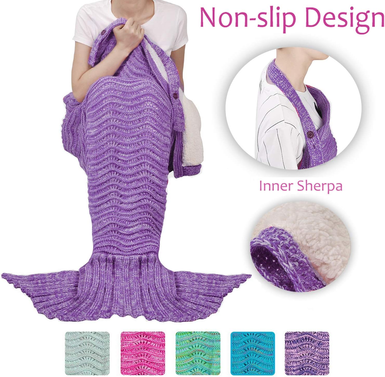 Tirrinia Sherpa Mermaid Tail Blanket for Adults Teens Girls Womens, Super Comfy Warm Anti-Slip Knitted Mermaid Blanket Wave Pattern | Gift Package Included, Purple