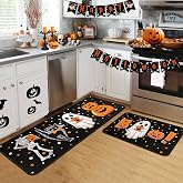 flippana Halloween Kitchen Rugs and Mats for Floor, Halloween Decorations for Home, 2 Pcs Non-Slip Backing Pumpkin Mat, Halloween Decor Holiday Kitchen Rug Sets with Runner (Boo, 17