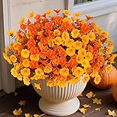 Artificial Fall Flowers for Outdoors, 10 Bundles Fake Faux Fall Flowers UV Resistant Fall Decor Plants for Home Porch Garden Patio Decoration (Fall Orange Yellow)