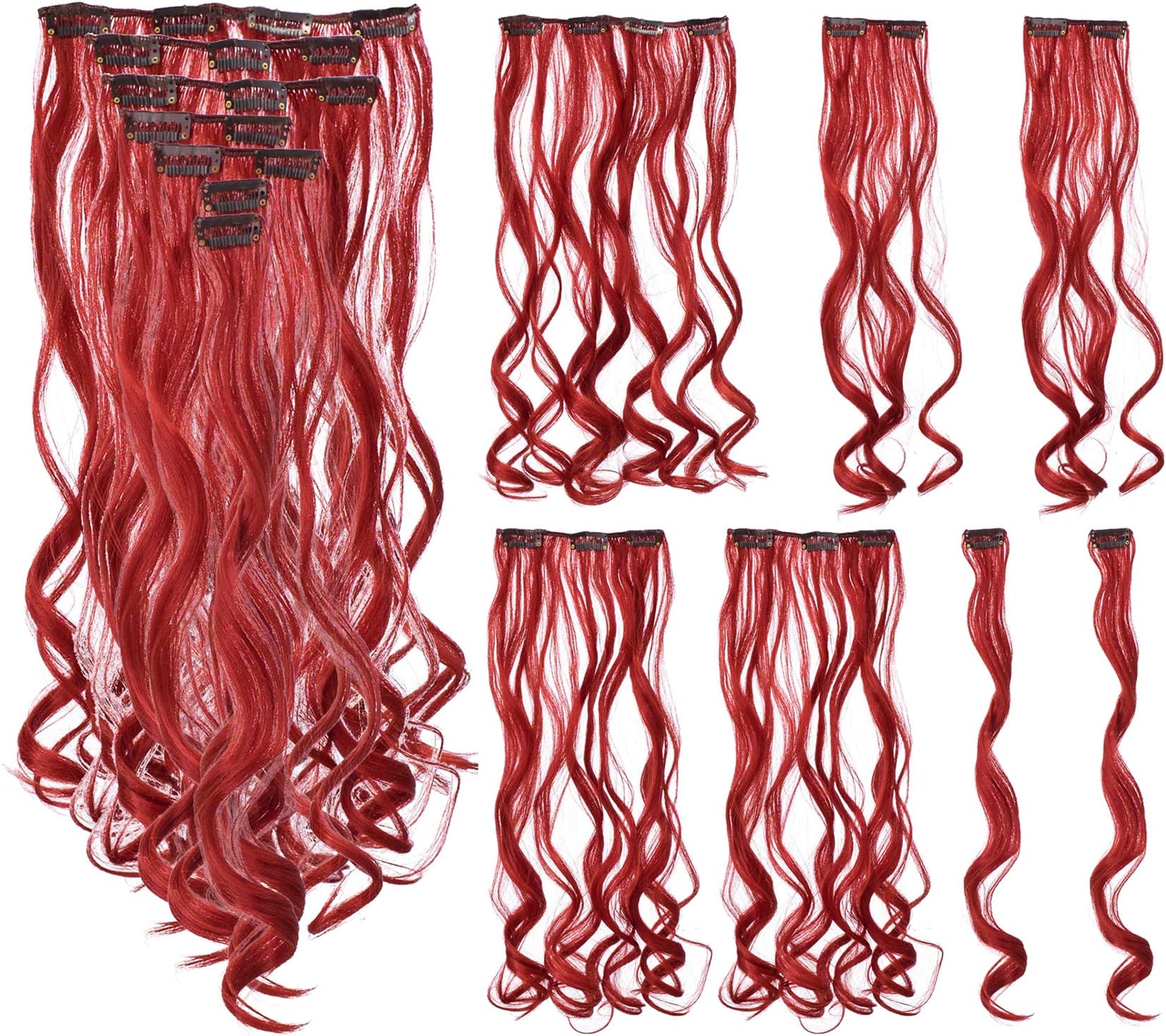 SWACC 7 Pcs Full Head Party Highlights Clip on in Hair Extensions Colored Hair Streak Synthetic Hairpieces (20-Inch Curly, Red)