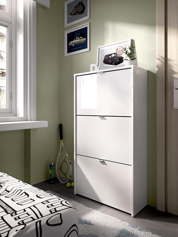 Sapateiro de 3 Portas, 18 pares, Melamina branca brilhante, 61x113x25cm