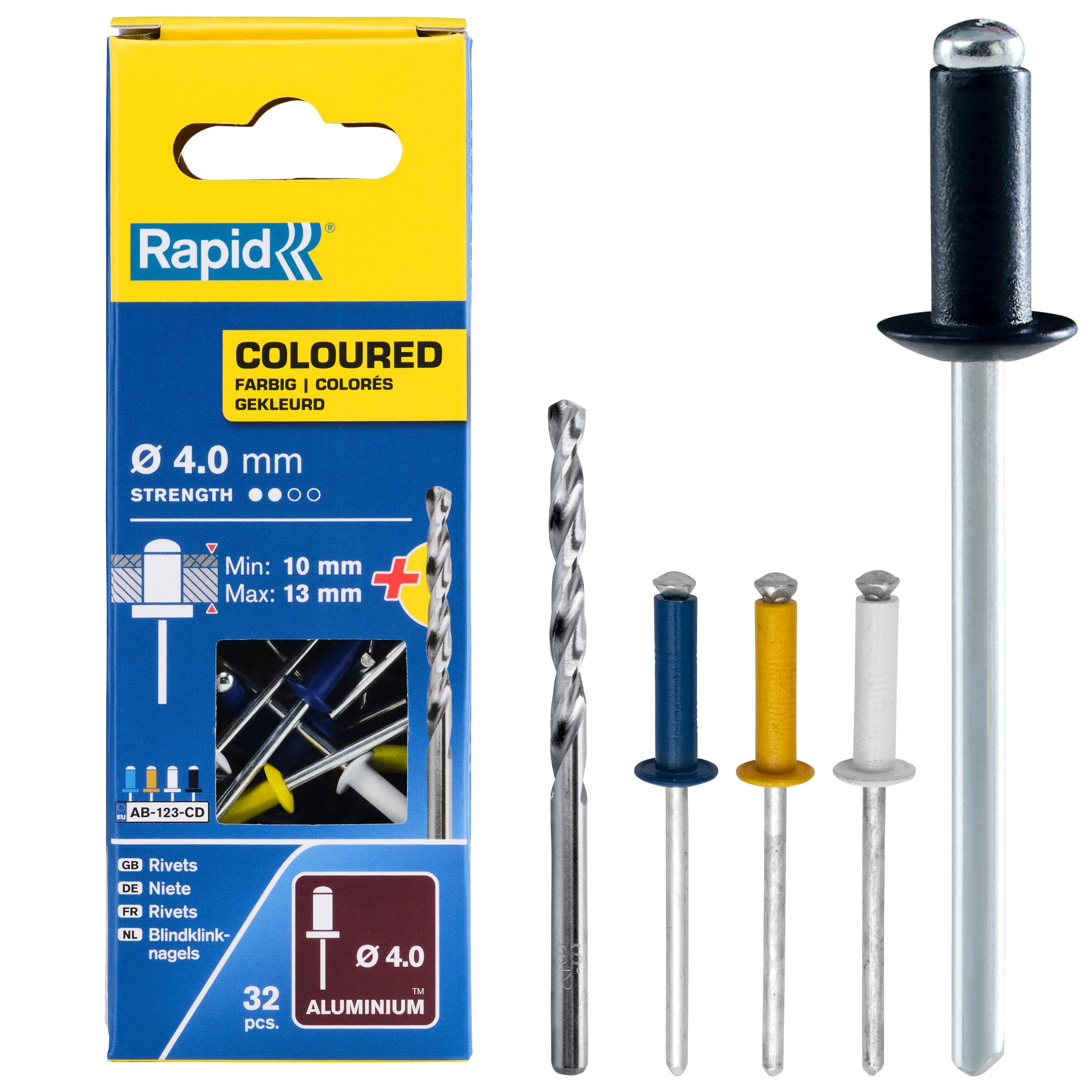 Rapid Rivets Automotive Including Drill Bit, Blue, Yellow, Black and White, 4 x 16 mm, 5000403 - 32 Pieces