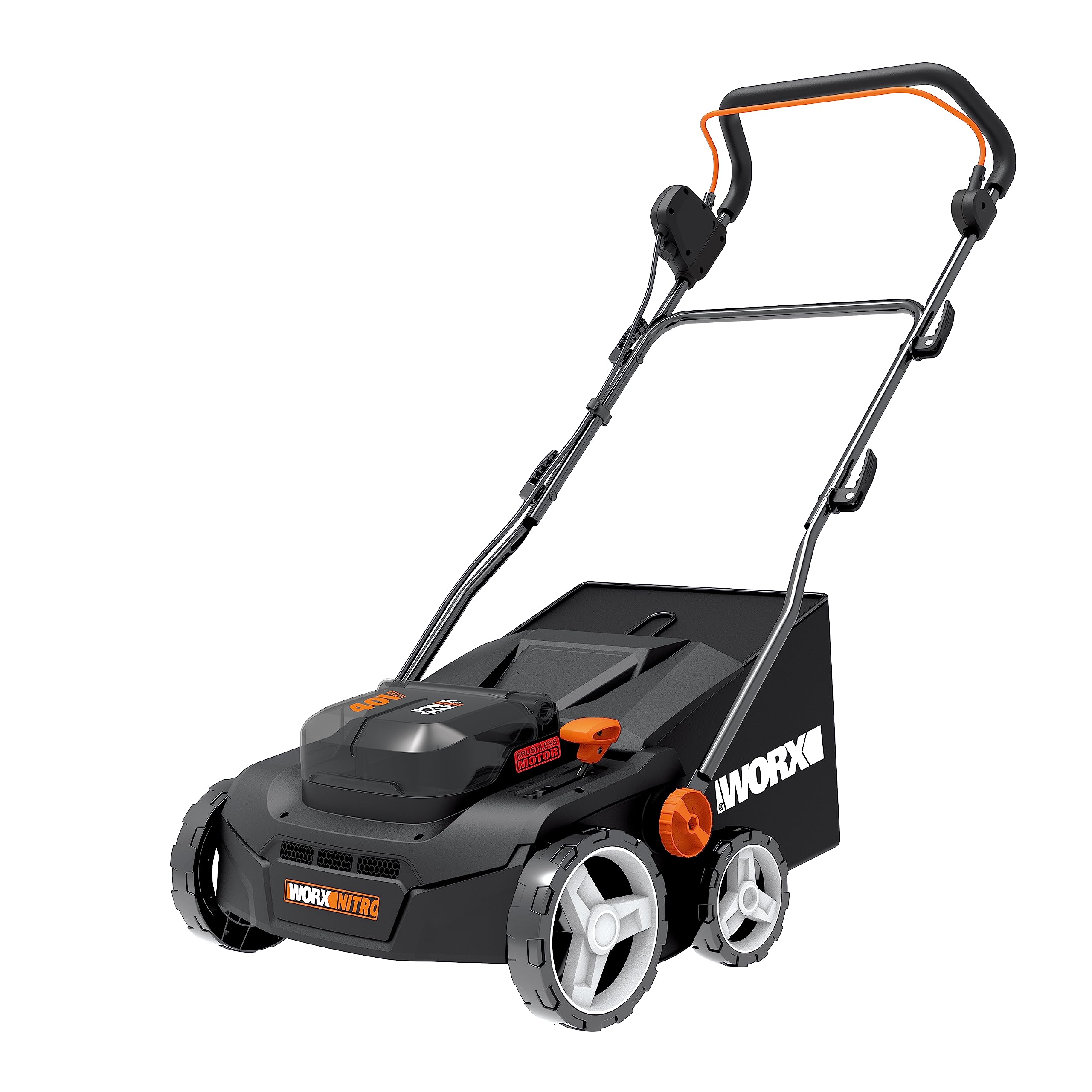 WORX Nitro Akku Vertikutierer & Rasenlüfter WG855E.9 - bis zu 400 ㎡ - Rechenbreite Arbeitsbreite 36 cm - bürstenloser Motor - 4 Stufe Höhenverstellung - inkl. 40 L Grasbeutel - ohne Akku & Ladegerät