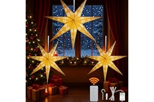 YPGFDZYDHH 3 Pack 23" Paper Star Lantern with LED Lights, 7-Point Hanging Star Light for Christmas, Wedding, Birthday–Geometric White 3D Paper Lantern with Remote for Indoor Outdoor Decor