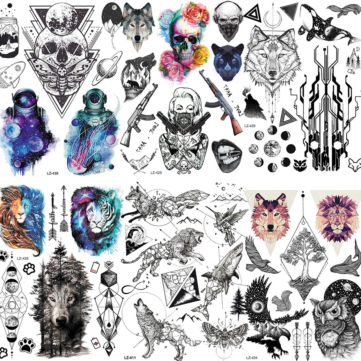 EGMBGM 6 Sheets Outer Space Face Temporary Tattoos For Kids Halloween Watercolor Skull Skeleton Geometric Animal 3D DIY Children Women Small Fake Tattoos Temporary Star Girls Boys Tatoos Kit Astronaut