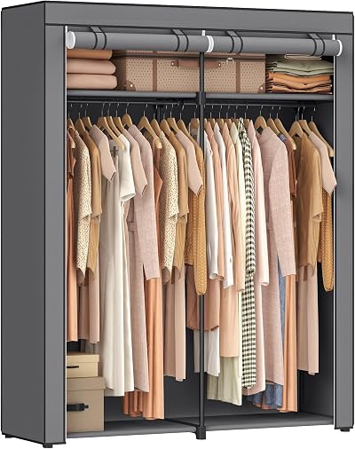 SONGMICS Clothes Wardrobe Portable Fabric Wardrobe 2 Hanging Rails 140x43x174