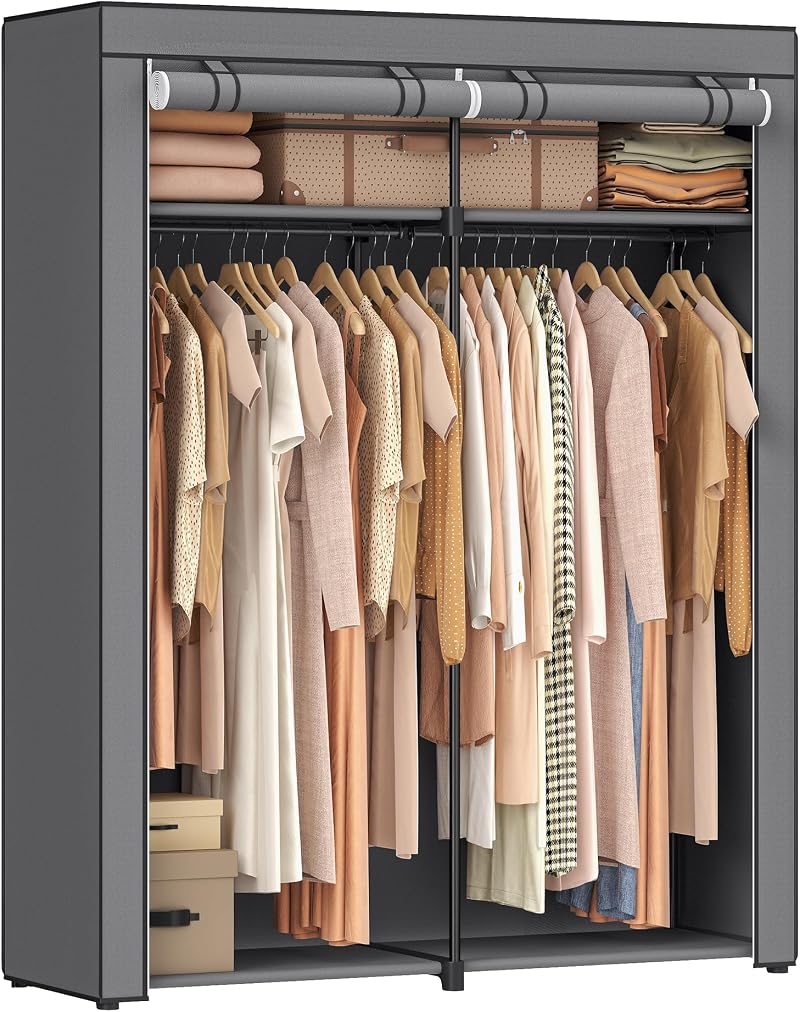 SONGMICS Clothes Wardrobe Portable Fabric Wardrobe 2 Hanging Rails 140x43x174