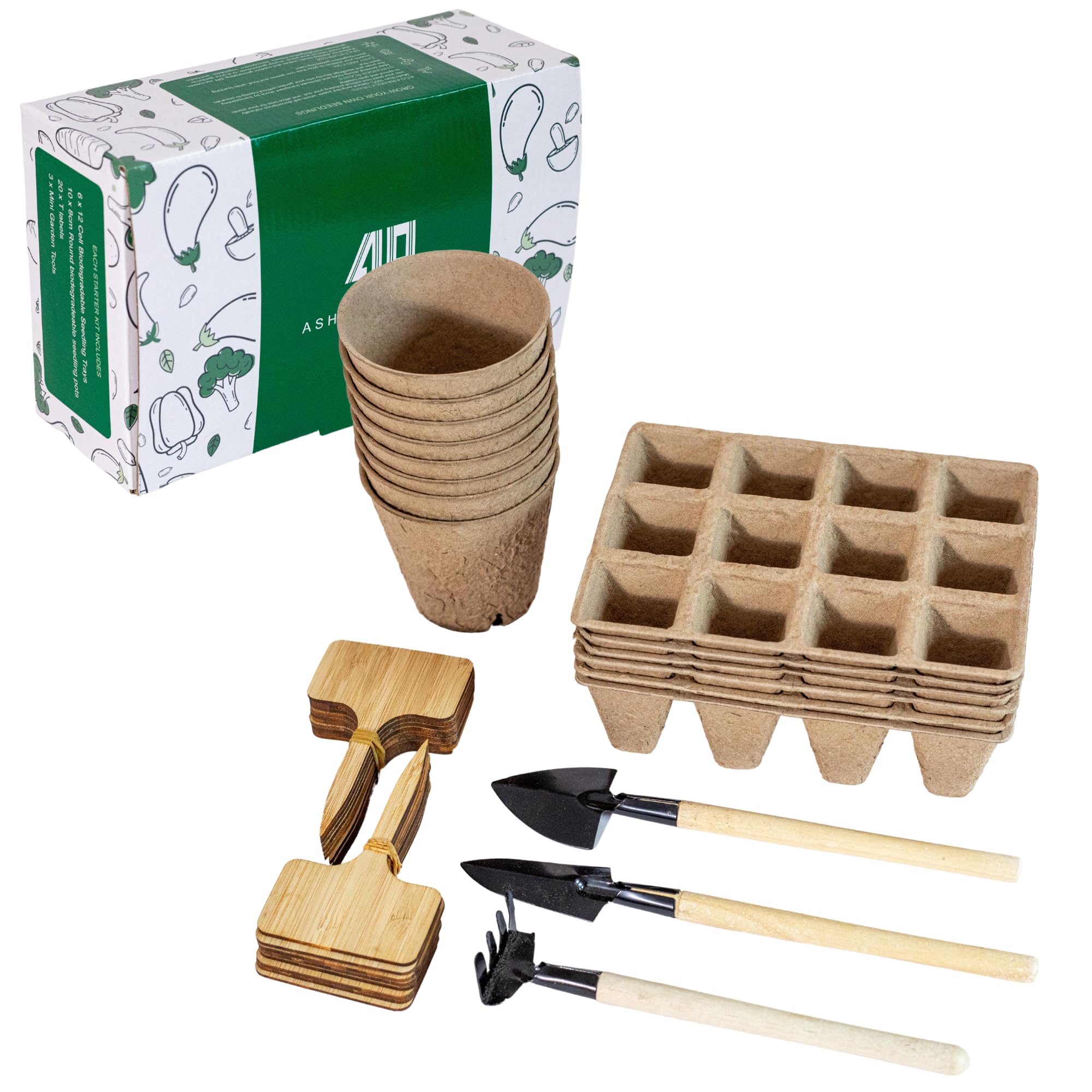 Seedling Starter Kit, reduces transplant root shock, with drainage holes & 100% recycled materials. Fully biodegradeable, 10 round pots, 6 trays with 12 seed cells, 20 wood labels, 3 planting tools