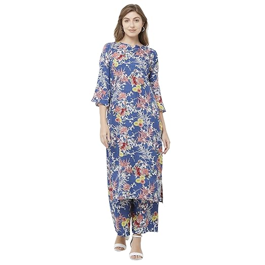Womens Blue Color Crepe Digital Printed Calf Length Kurti(Kaya Blue)