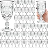 Wiwiqing 60 Pack Plastic Goblets 10oz Upgrade Vintage Water Goblet Plastic Wine Glasses Colored Retro Embossed Glassware for Party Wine Bar Juice Baby Shower Wedding Reception Grand (Clear)