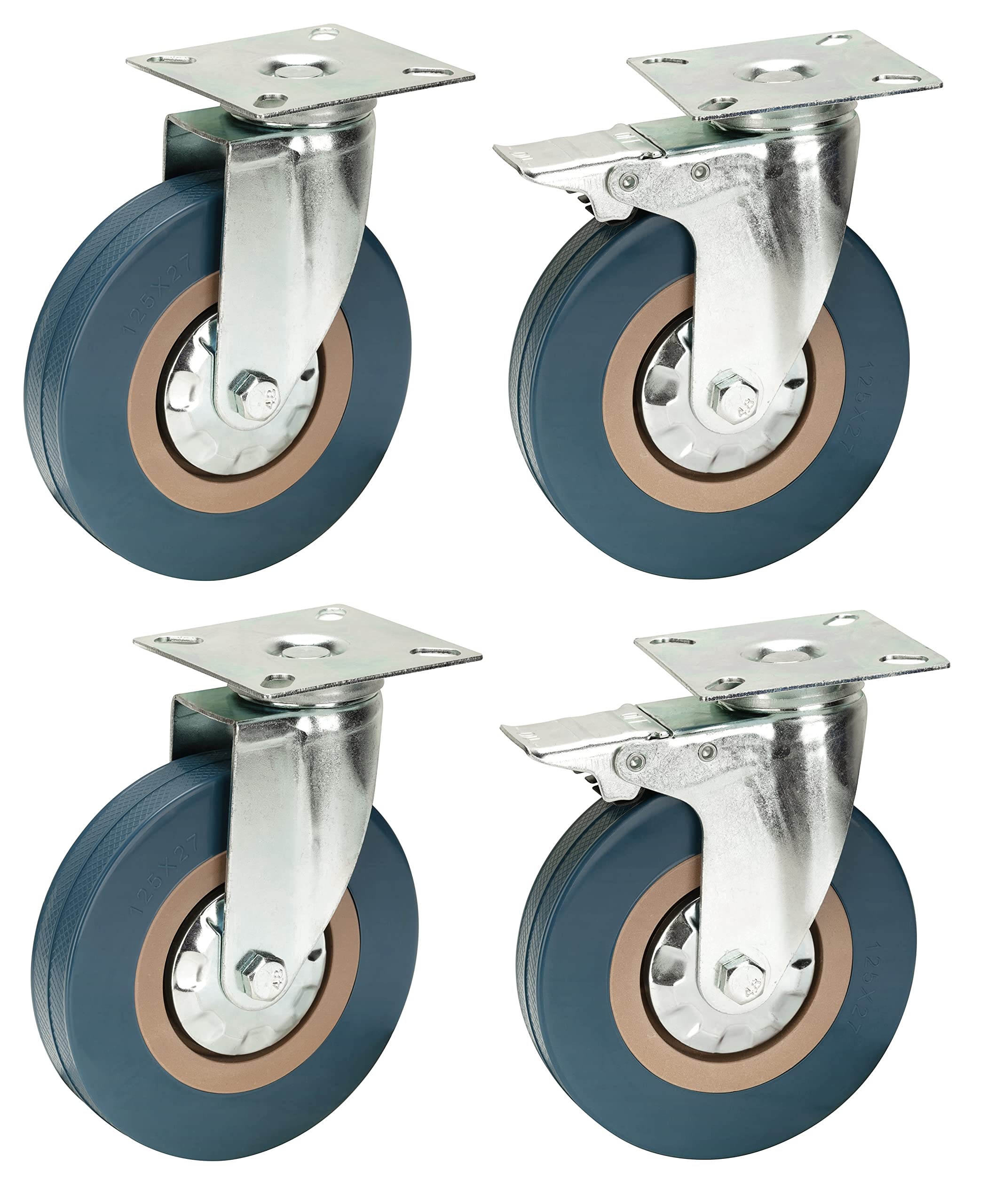 125mm Non Marking Grey Hard Rubber Castors with Brakes - Top Plate Fixing - Heavy Duty Casters Wheels by Bulldog Castors - Max 400Kg Per Set